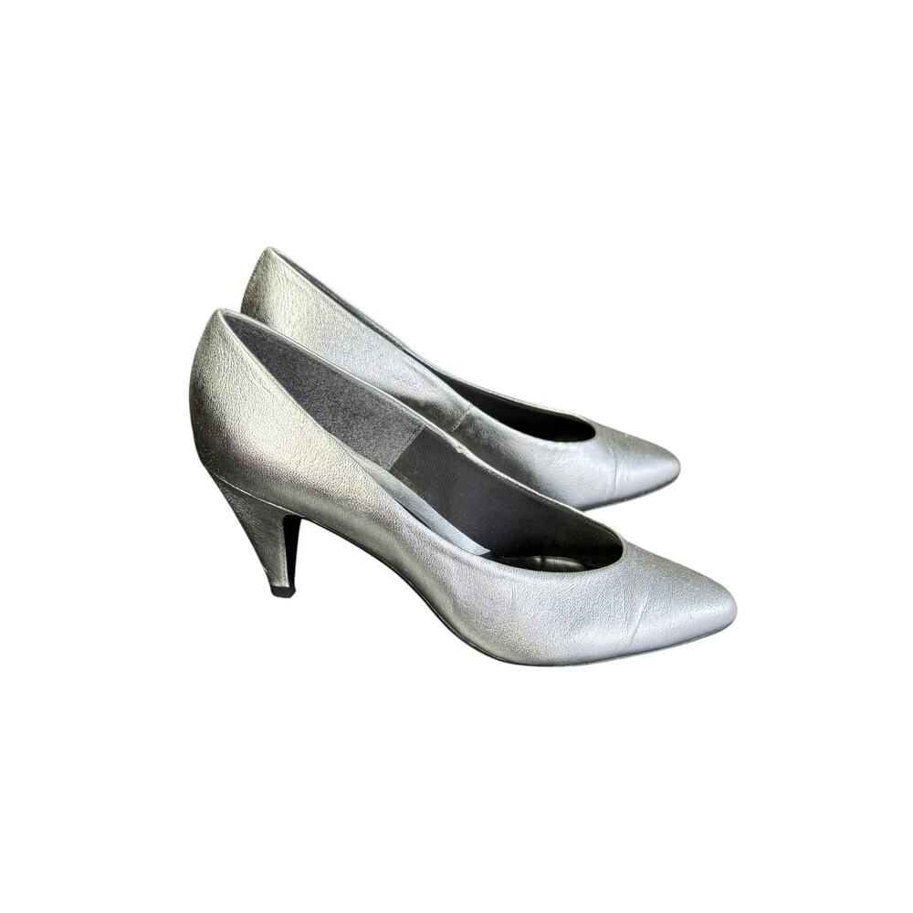 Connie Vintage 80s / 90s Iconic Metallic Silver Pumps Conical Heel Size 6.5